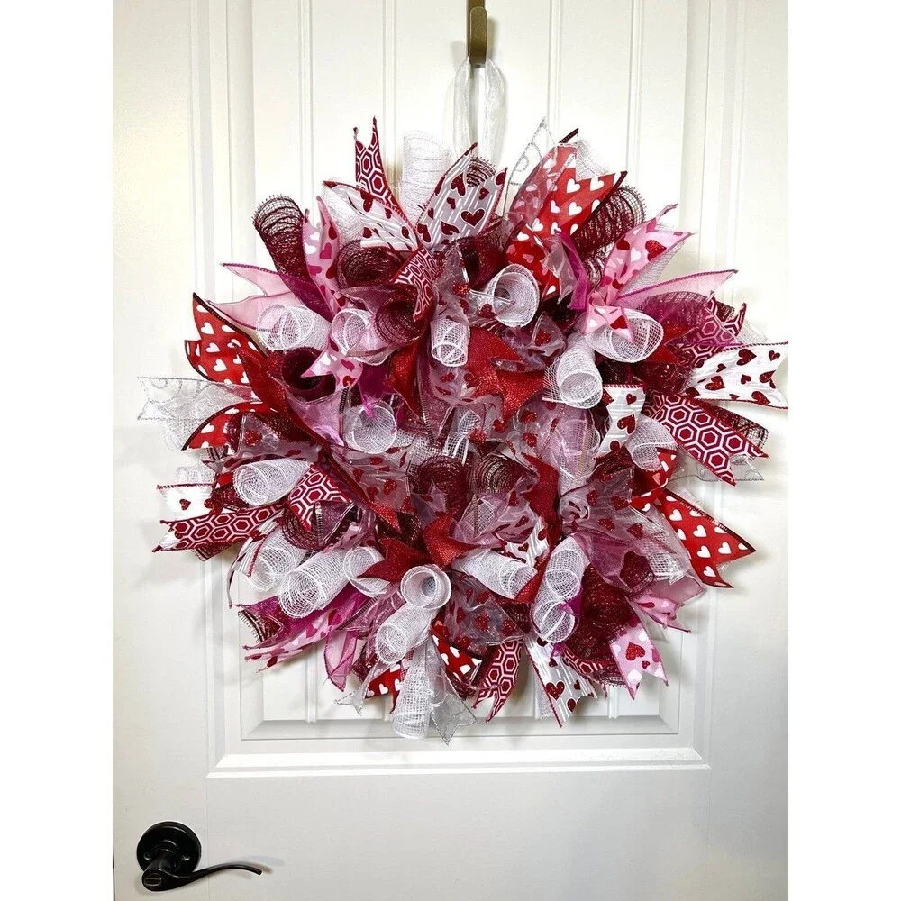 Handmade 22” Valentine’s Day Ribbon Mesh Wreath Hearts in Red & Pink w23